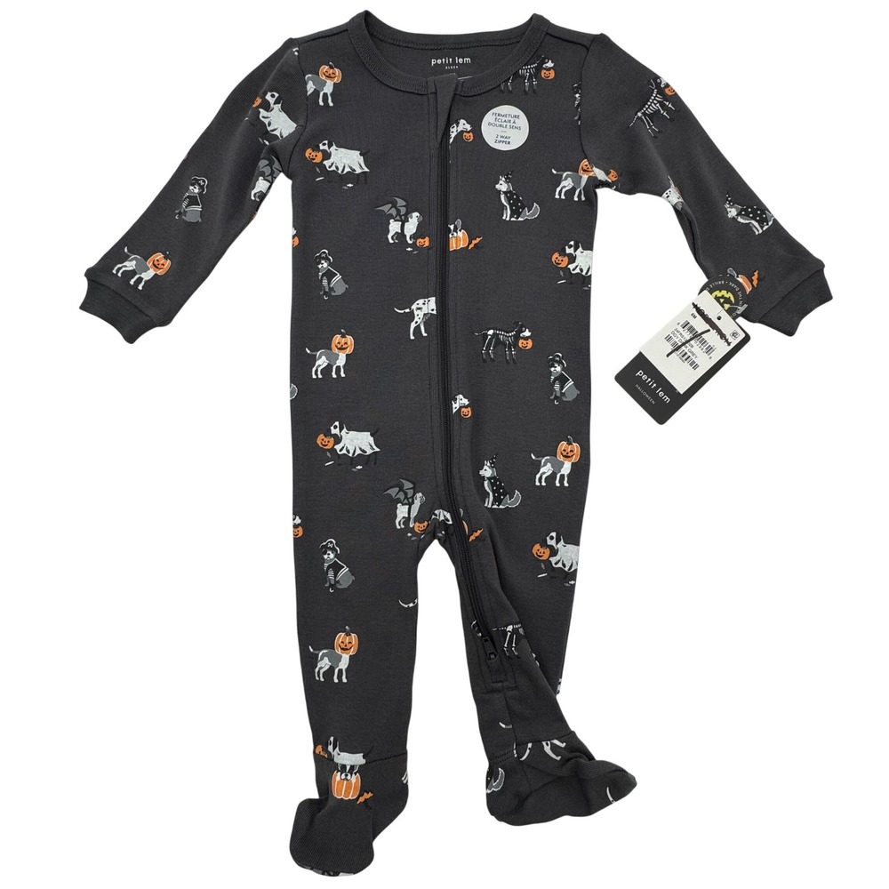 NWT Petit Lem Organic Cotton Sleeper Halloween Dog Baby 6M Grey Happy Nightmare